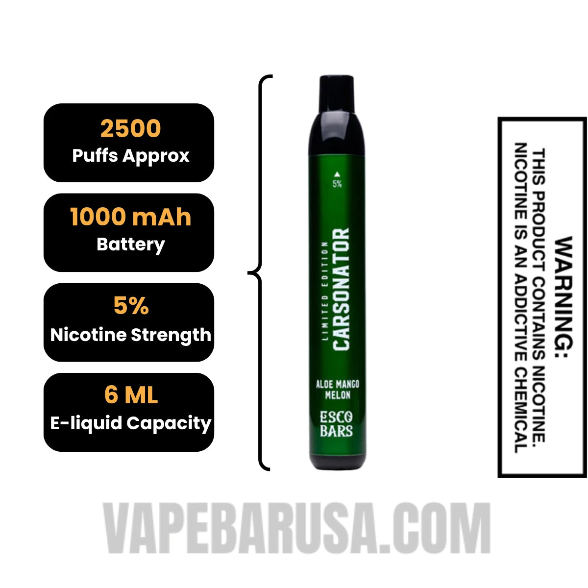 Aloe Mango Melon Esco Bar 2500 Puffs Disposable Vape Specifications