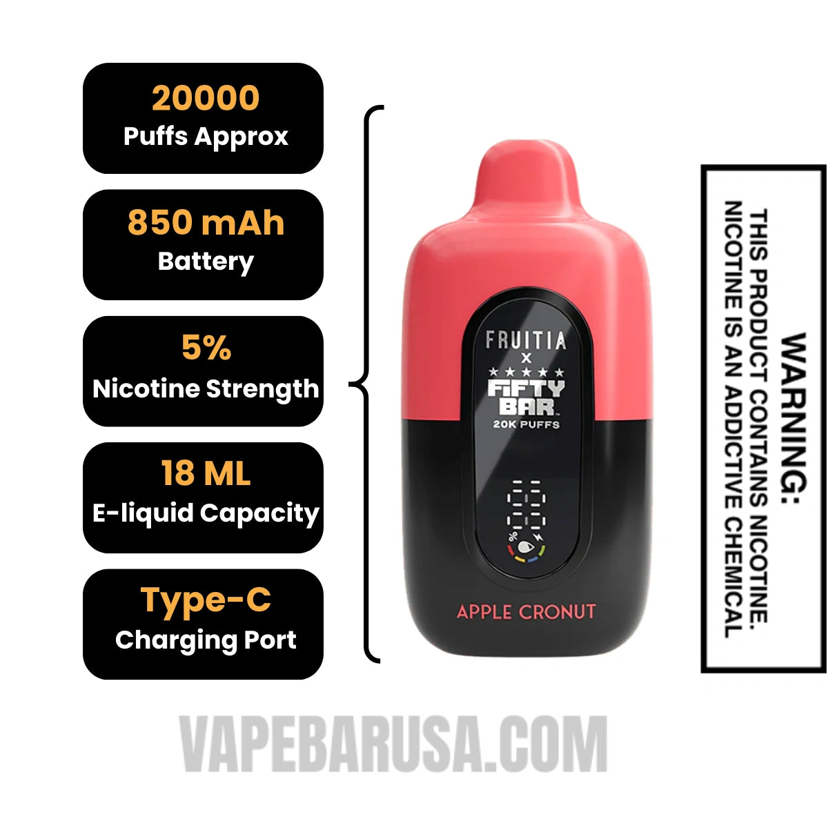 Apple Cronut Fruitia X Fifty Bar 20K Disposable Vape Specifications 