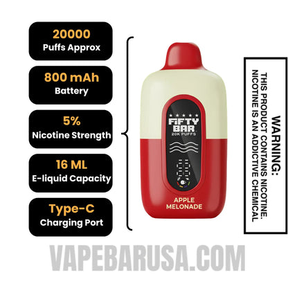 Apple Melonade Hidden Hills X Fifty Bar 20k Disposable Vape Specifications