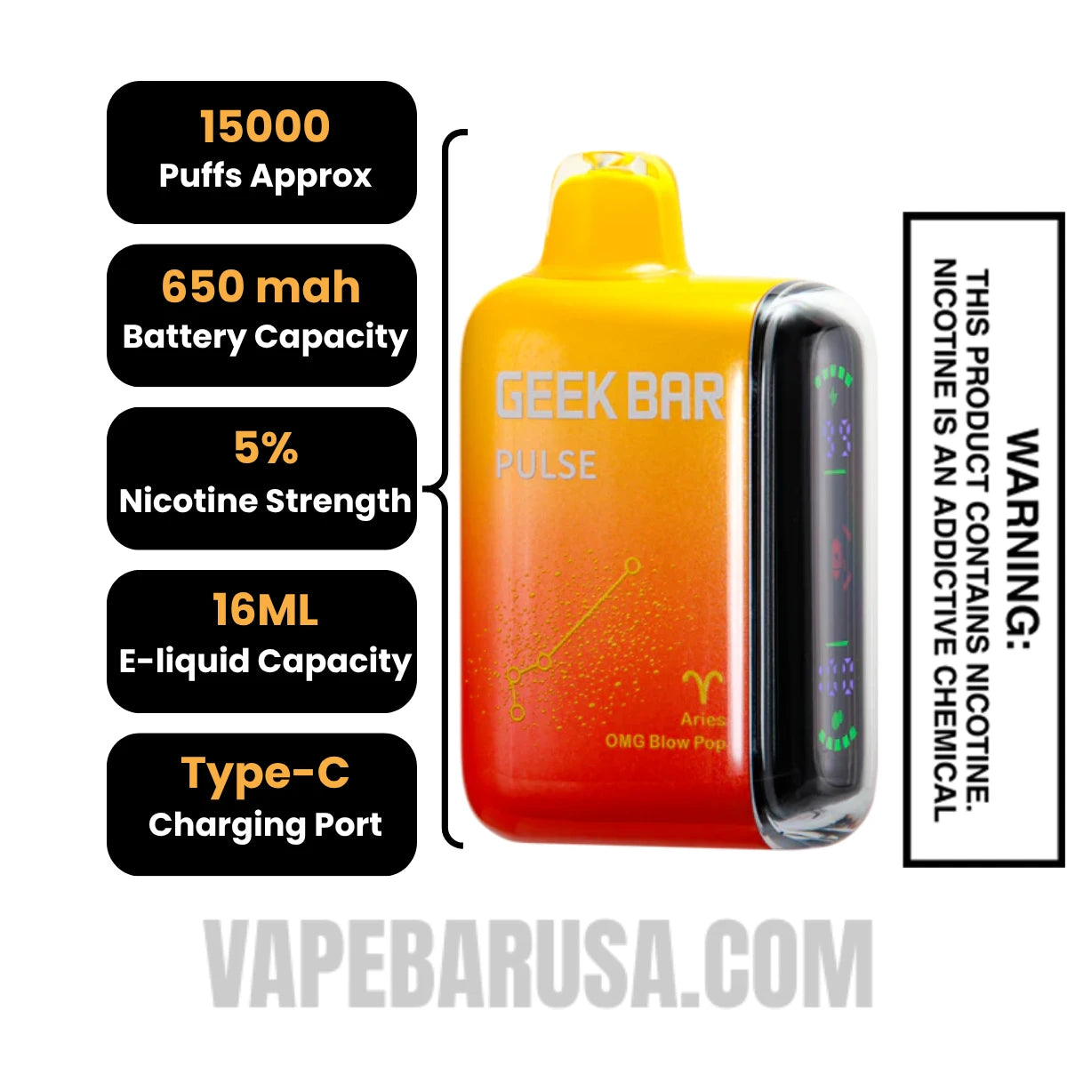 Aries OMG Blow Pop Geek Bar Pulse Vape Specifications