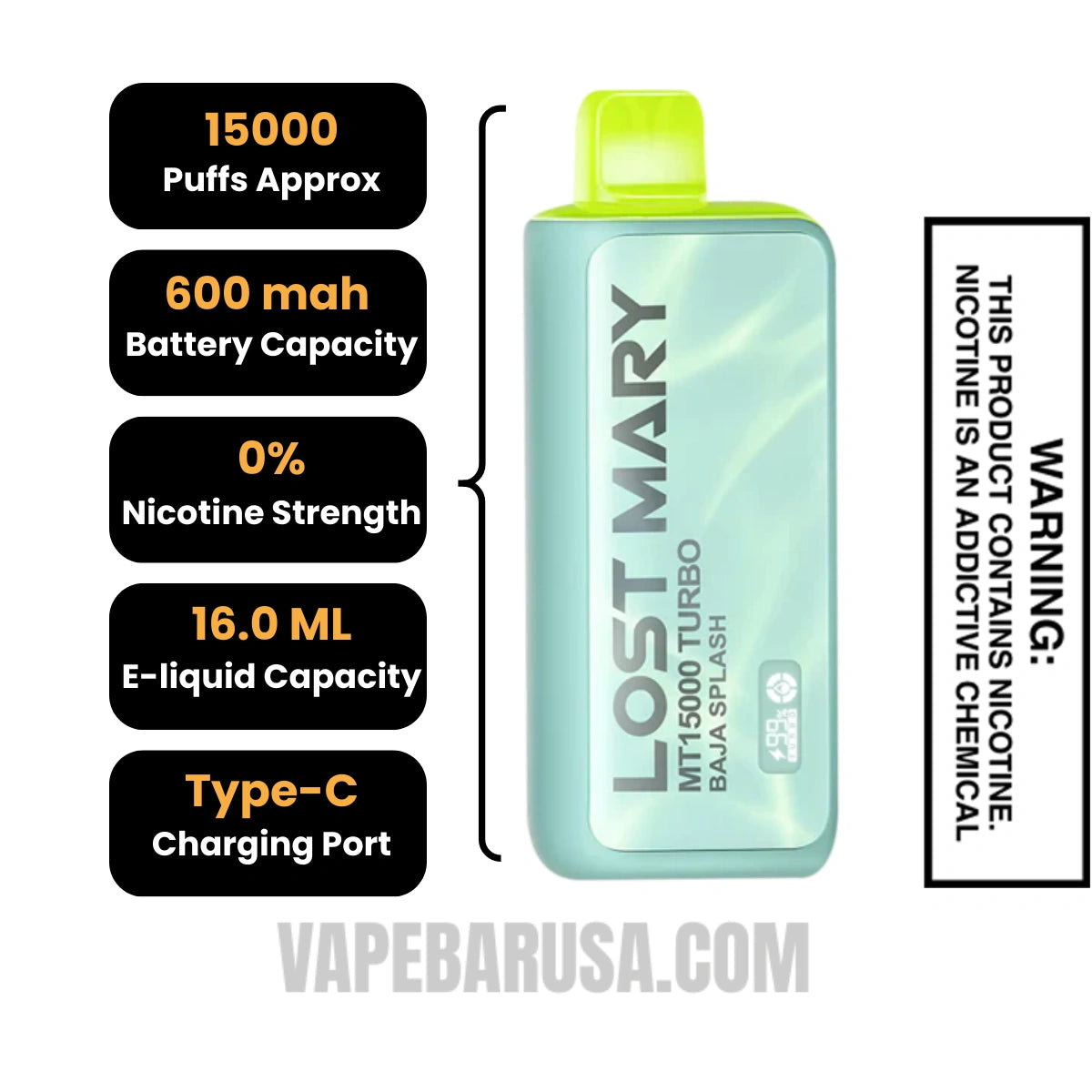 Baja Splash Lost Mary MT15000 Turbo Vape - 0% Nic Specifications