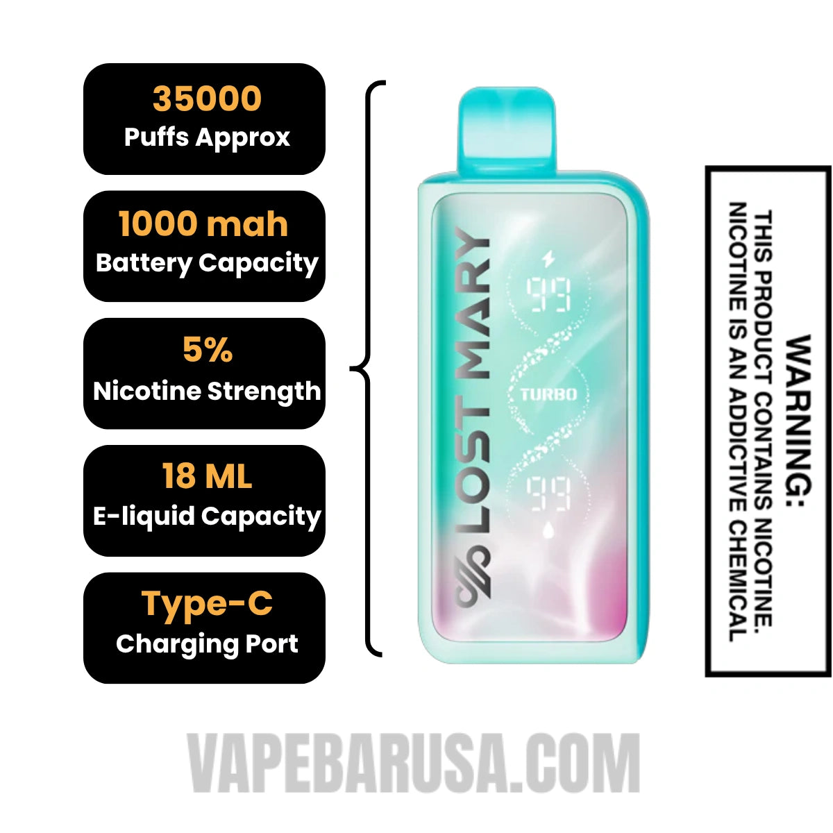 Baja Splash Lost Mary MT35000 Turbo Disposable Vape specifications
