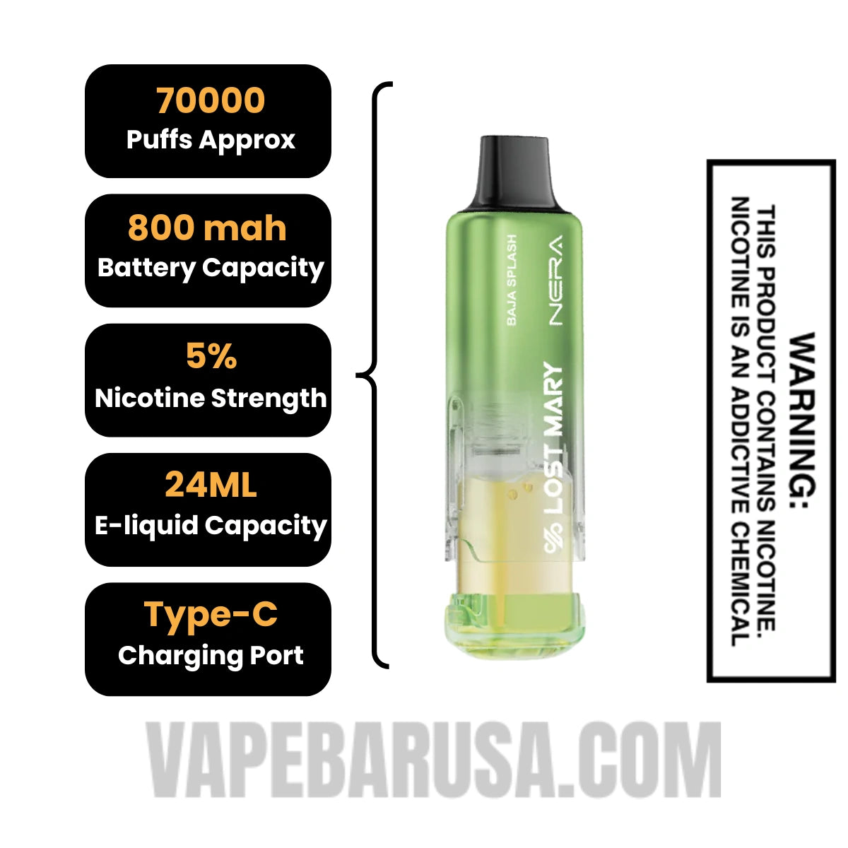 Baja Splash Lost Mary Nera Fullview 70K Disposable Vape Pod Specifications