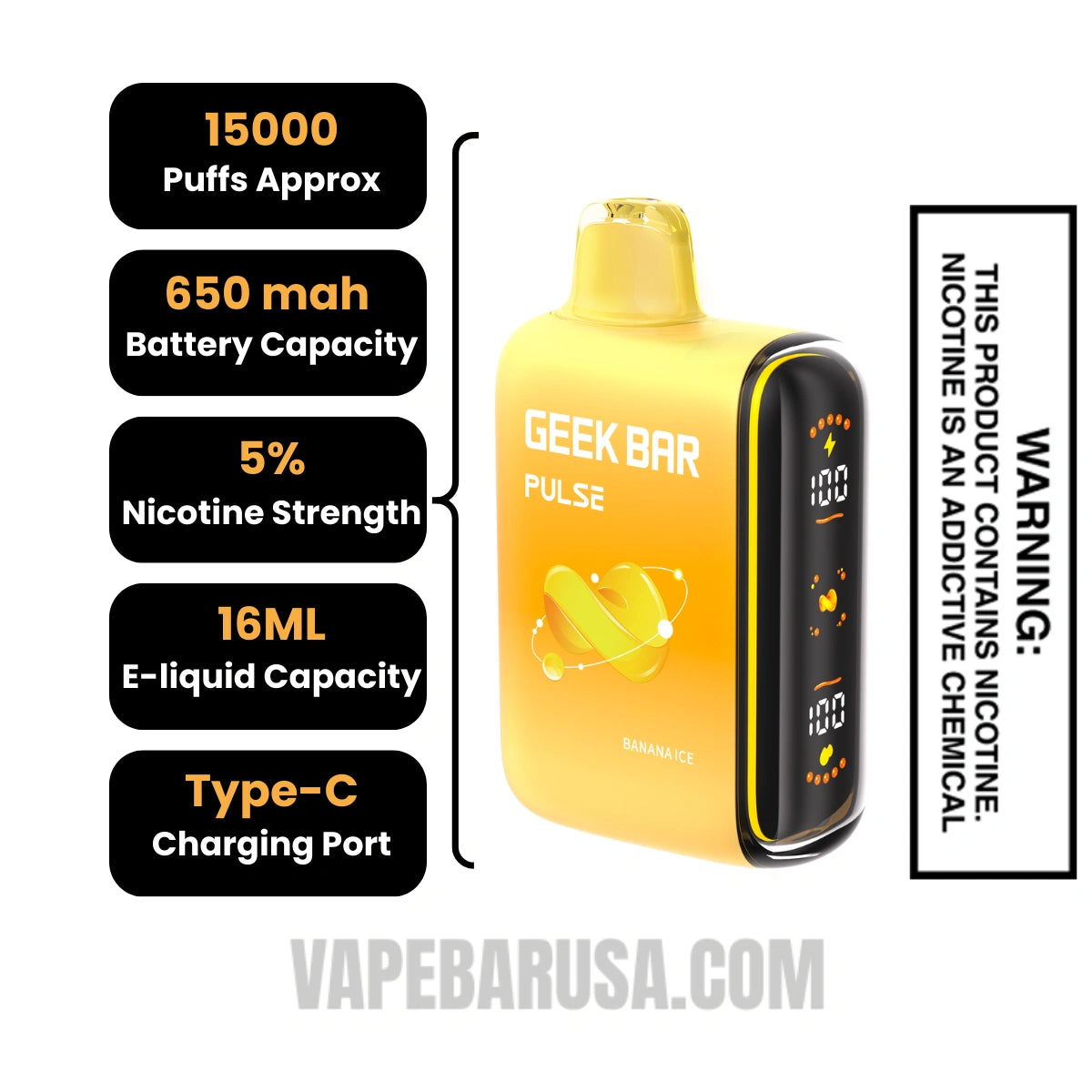 Banana Ice Geek Bar Pulse Disposable Vape Specifications 