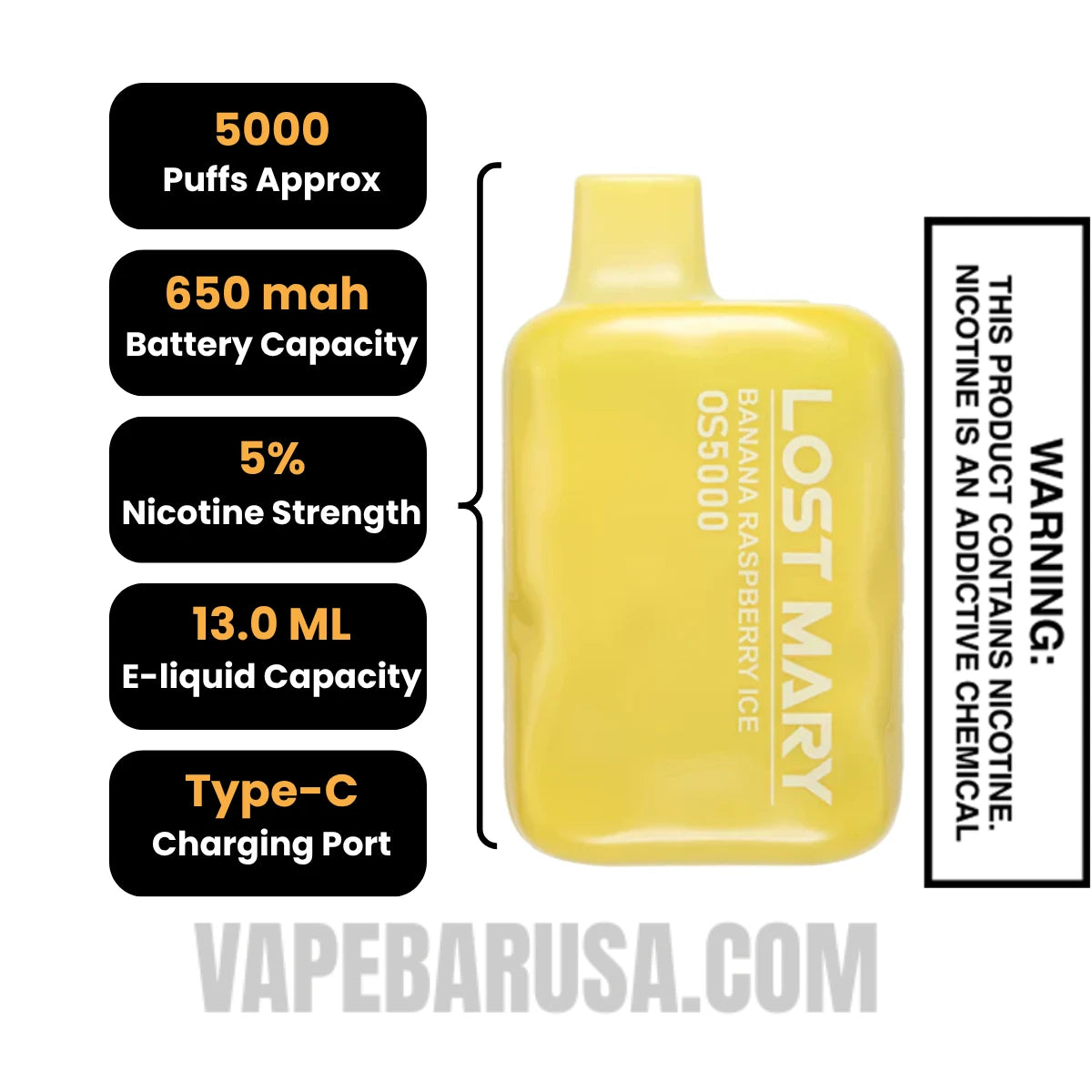 Banana Raspberry Ice Lost Mary OS5000 Disposable Vape  Specifications