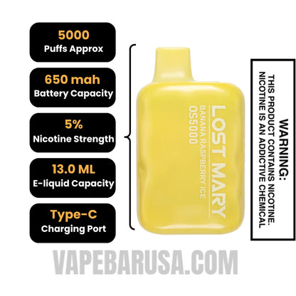 Banana Raspberry Ice Lost Mary OS5000 Disposable Vape  Specifications