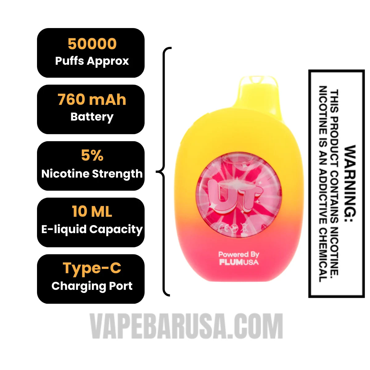 Banana Smoothy/Strawberry Flum UT Bar 50K Disposable Vape Specifications 