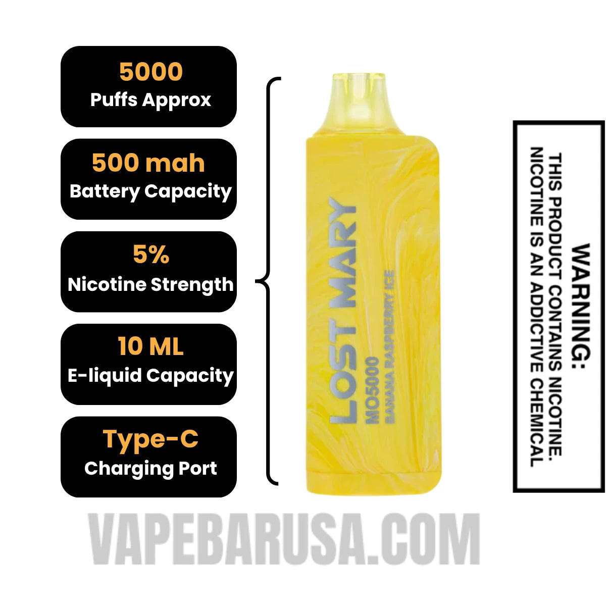 Banana Raspberry Ice Lost Mary MO5000 Disposable Vape Specifications
