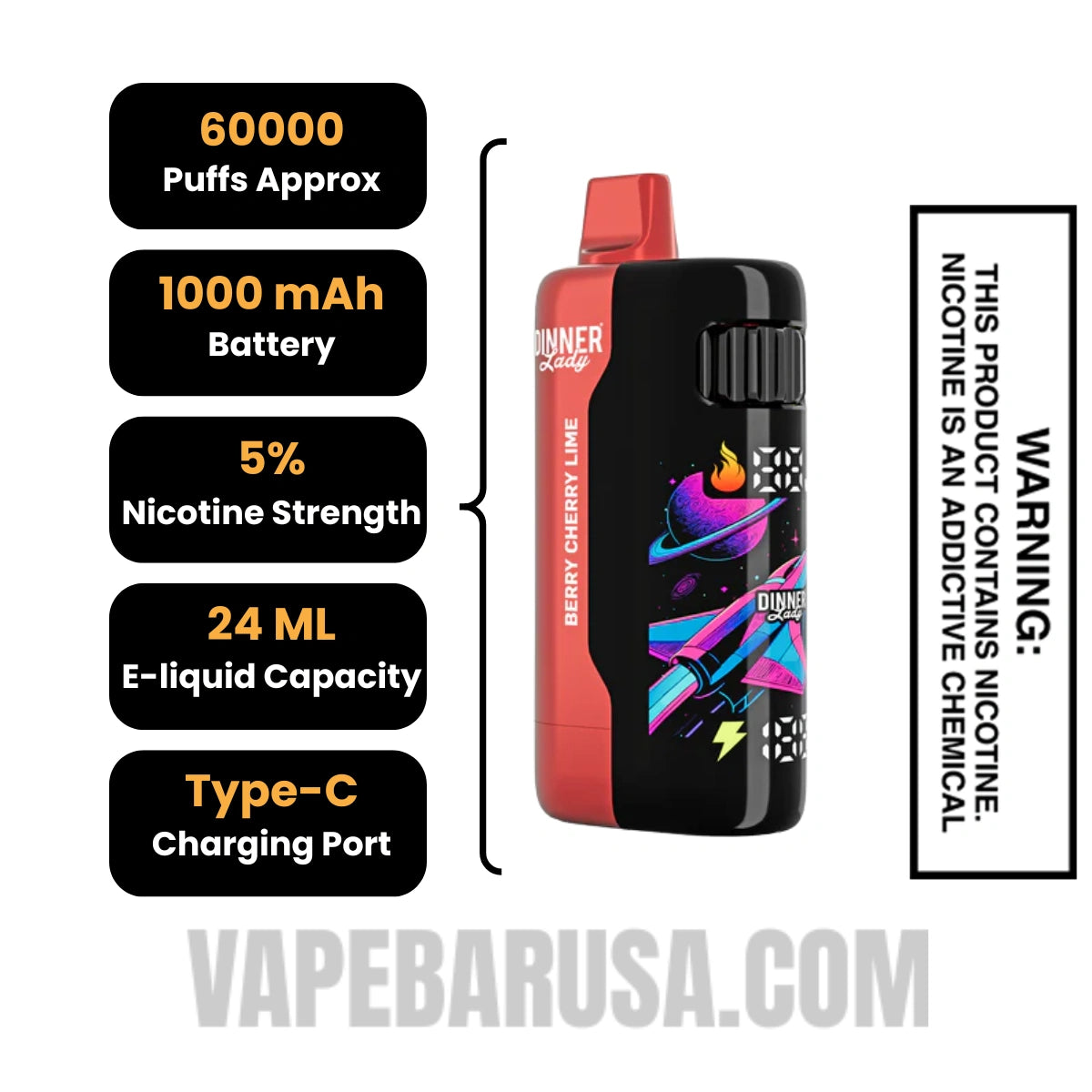 Berry Cherry Lime Dinner Lady Galax 60K Disposable Vape Specifications