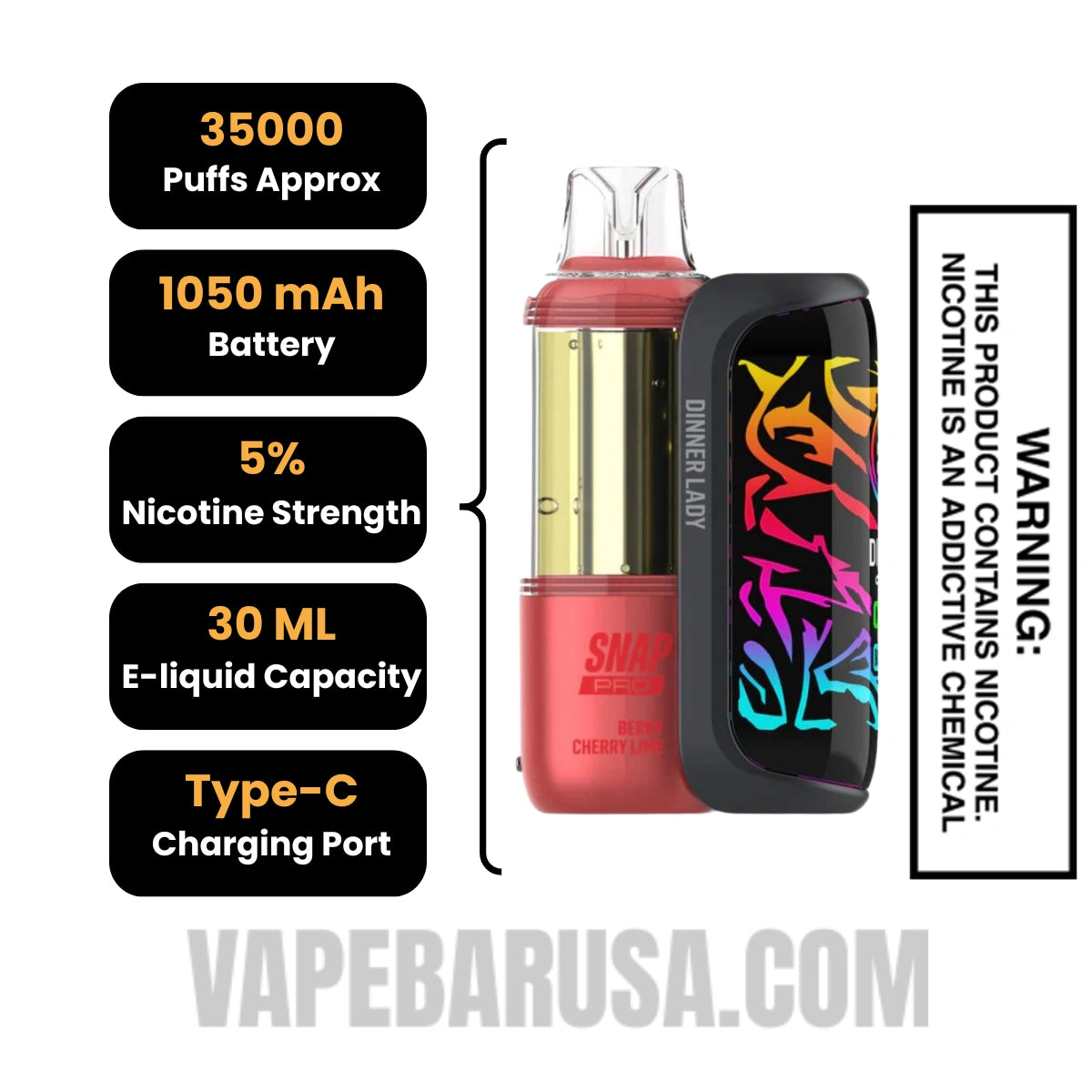 Berry Cherry Lime Dinner Lady Snap Pro 35K Disposable Vape Kit Specifications