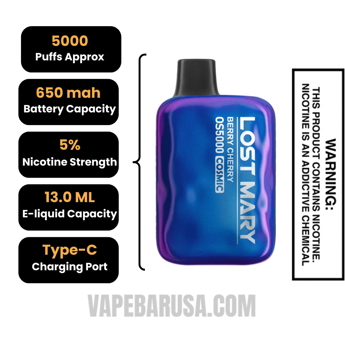 Berry Cherry Lost Mary OS5000 Disposable Vape Specifications