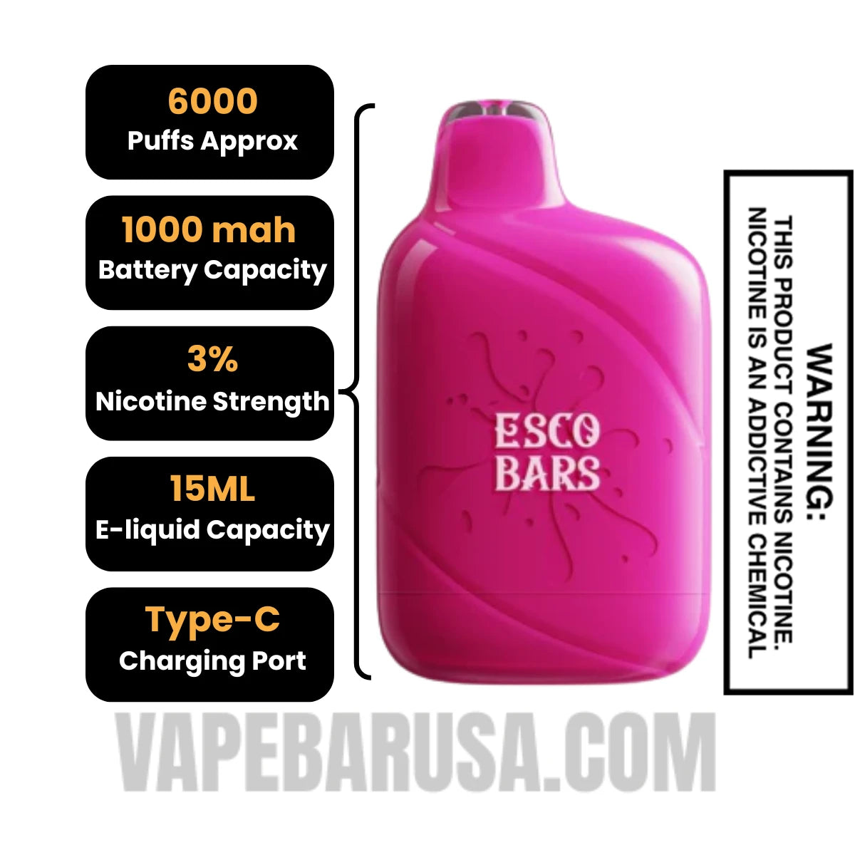 Berry Snow Esco Bar Mesh Vape 6000 Puffs 3% Nic Specifications