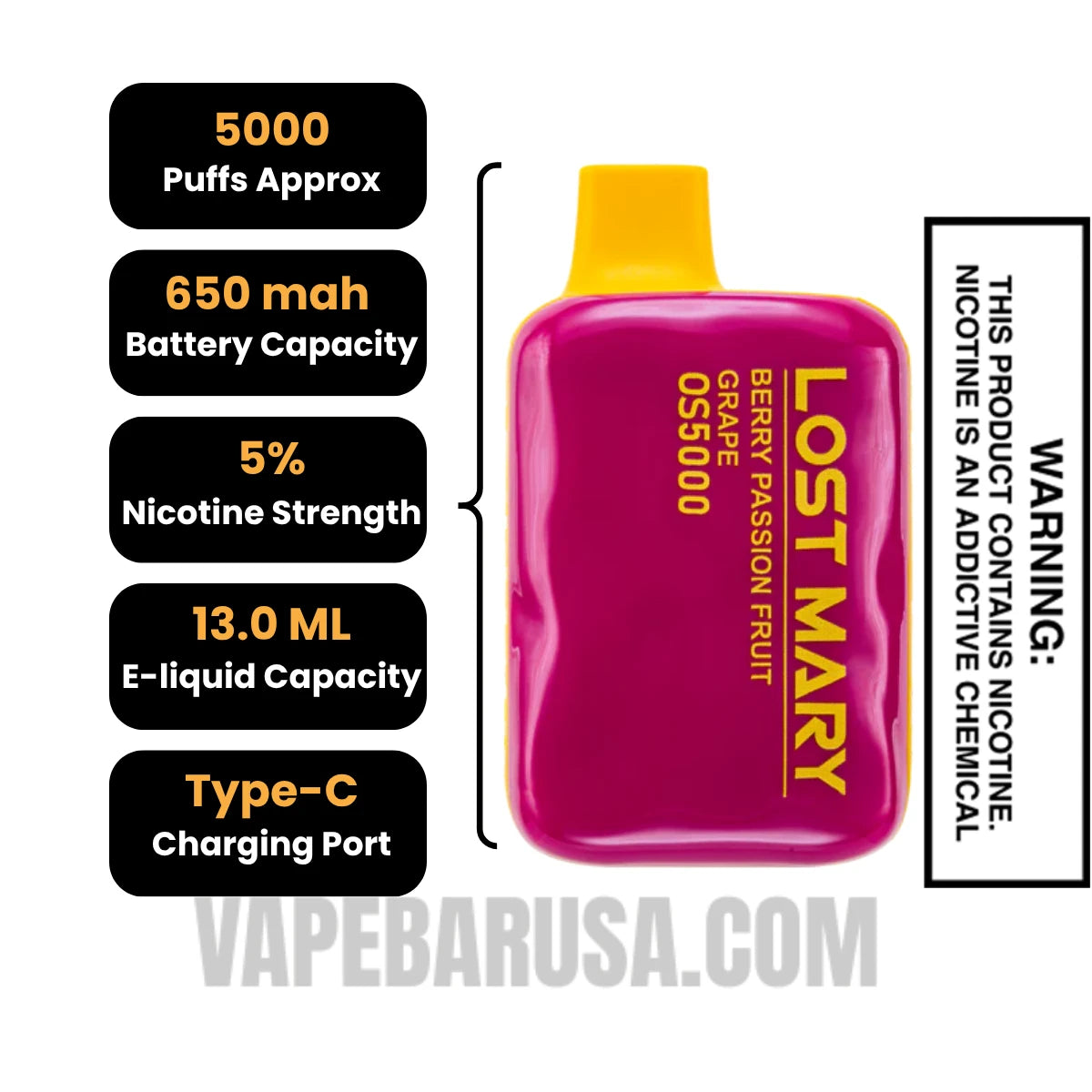 Berry Passion Fruit Grape Lost Mary OS5000 Disposable Vape Specifications