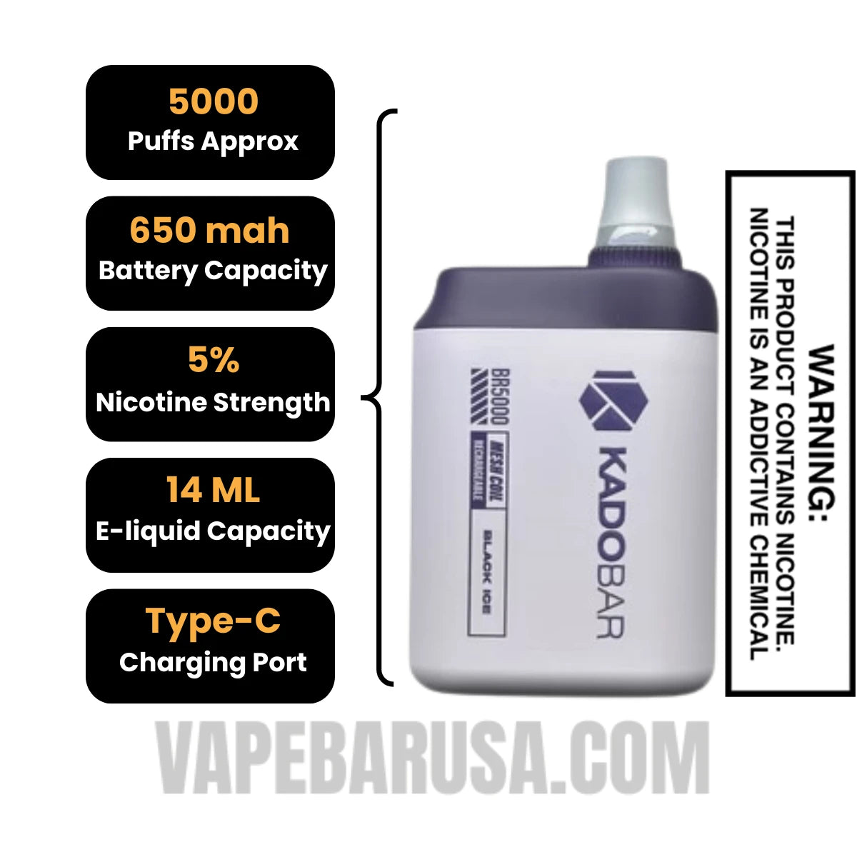 Black Ice Kado Bar BR5000 Disposable Vape Specifications 