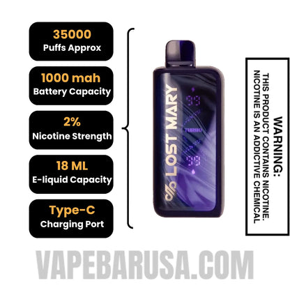 Black Razz Lemon Lost Mary MT35000 Disposable Vape 20 MG Specification