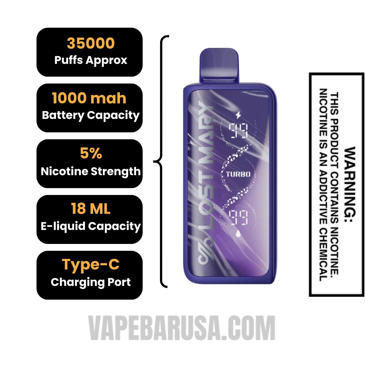 Black Razz Lemon Lost Mary MT35000 Turbo Disposable Vape Specifications