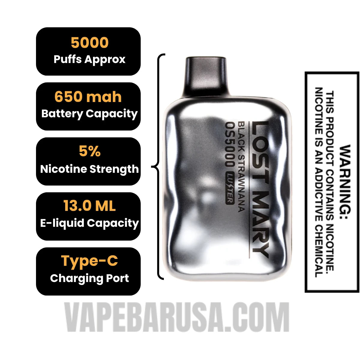 Black Strawnana Lost Mary OS5000 Luster Edition Vape Specifications