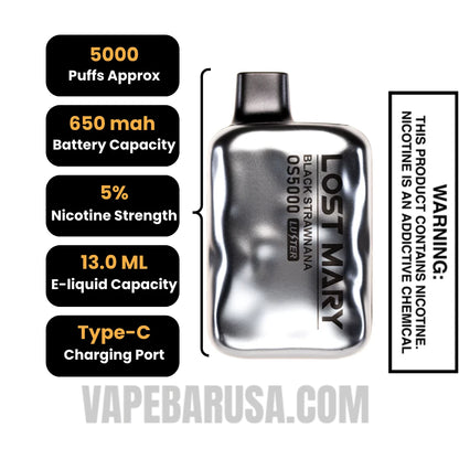 Black Strawnana Lost Mary OS5000 Luster Edition Vape Specifications