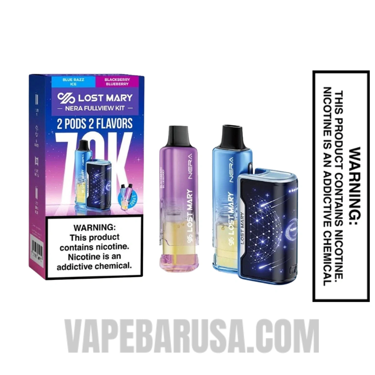 Blue Razz Ice & Blackberry Blueberry Lost Mary Nera Fullview 70K Disposable Vape Kit With Package Box
