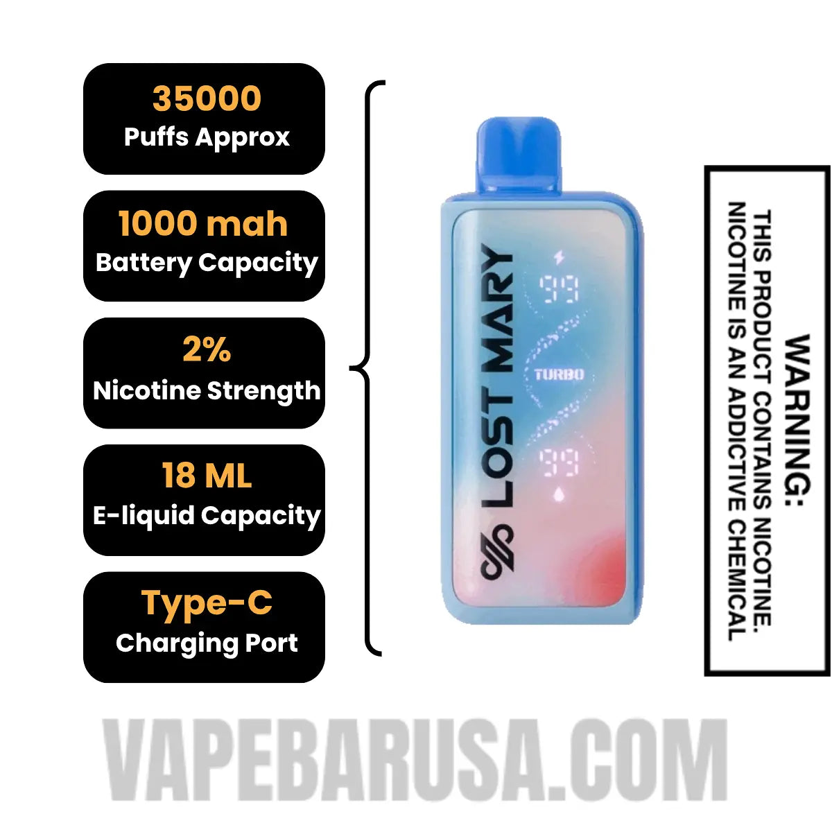 Blackberry Blueberry+ Lost Mary MT35000 Disposable Vape 20 MG Specifications