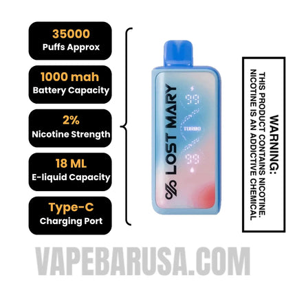 Blackberry Blueberry+ Lost Mary MT35000 Disposable Vape 20 MG Specifications
