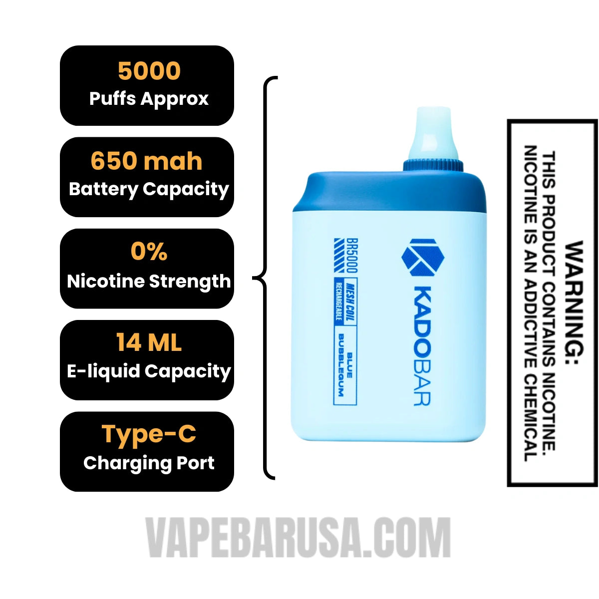 Blue Bubblegum Kado Bar BR5000 Zero Nicotine Disposable Vape Specifications