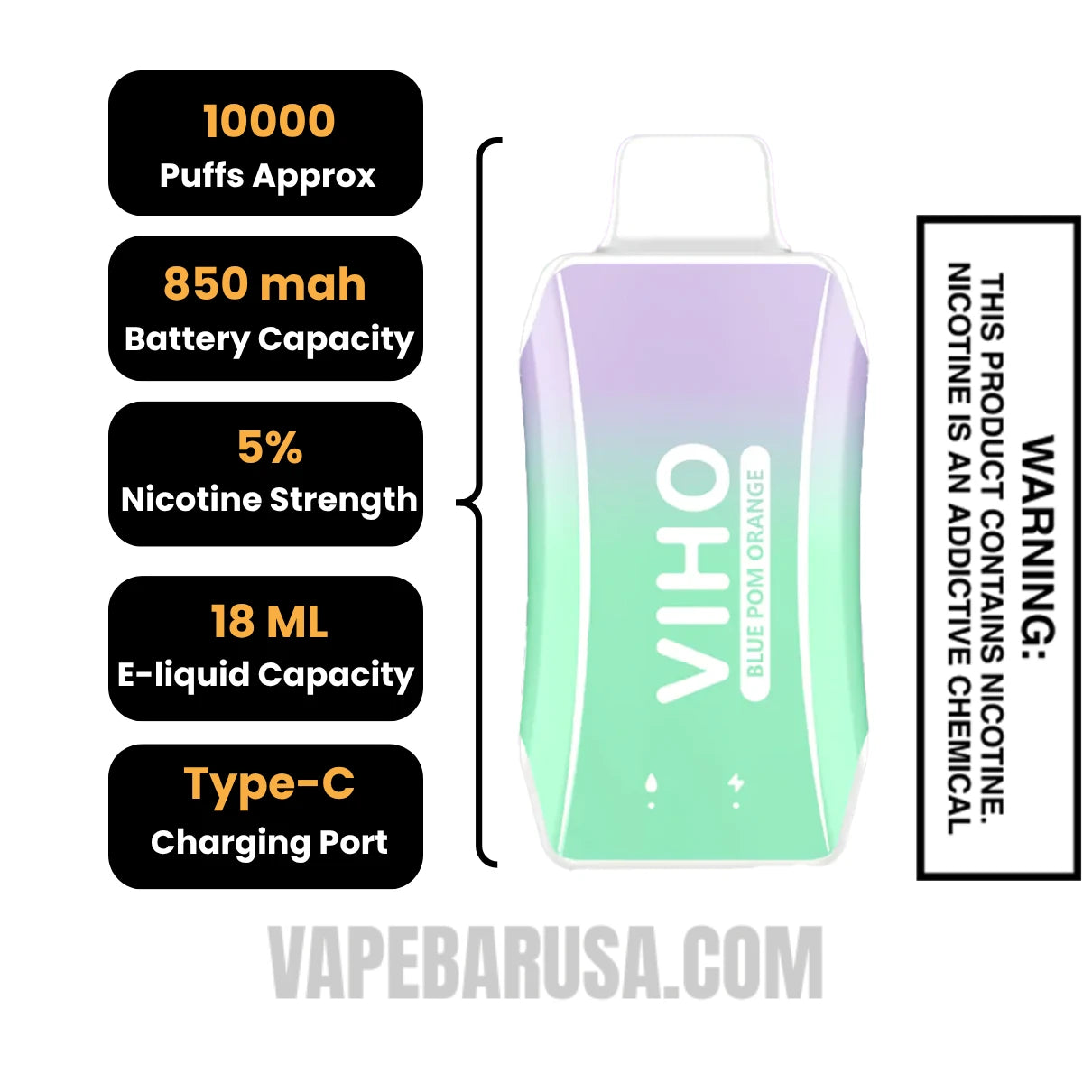Blue Pom Orange VIHO Turbo Vape 10000 Puffs Specifications