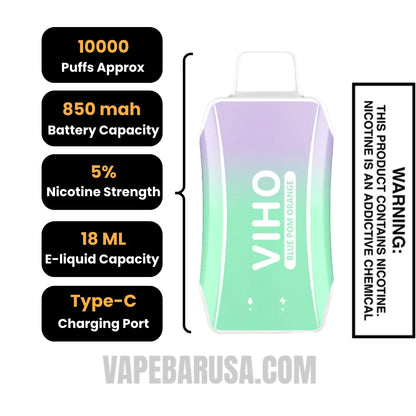 Blue Pom Orange VIHO Turbo Vape 10000 Puffs Specifications