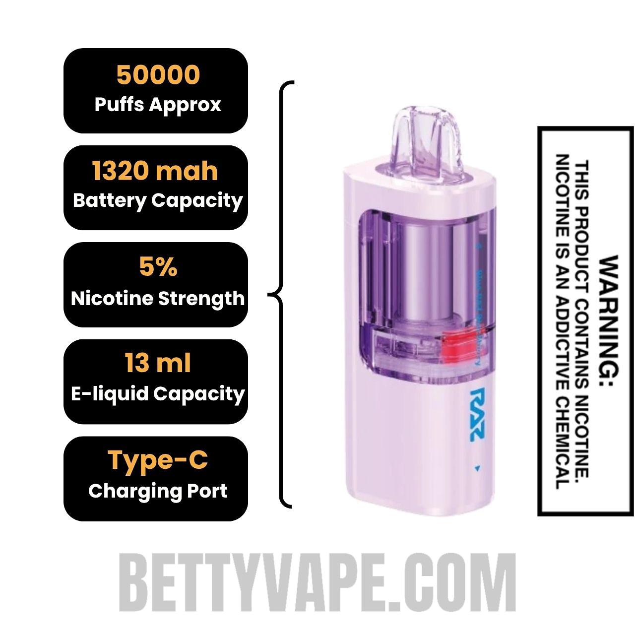 Blue Raz Blackberry RAZ VUE 50K Disposable Vape Pod Specifications