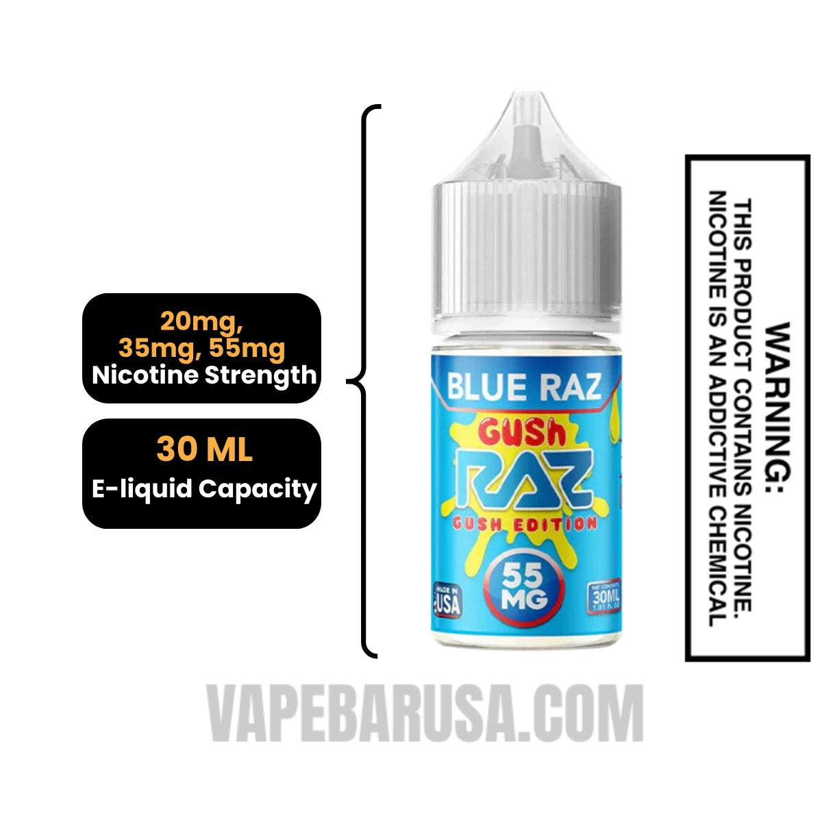 Blue Raz Gush RAZ Salt Nic Juice 30 ML Specifications