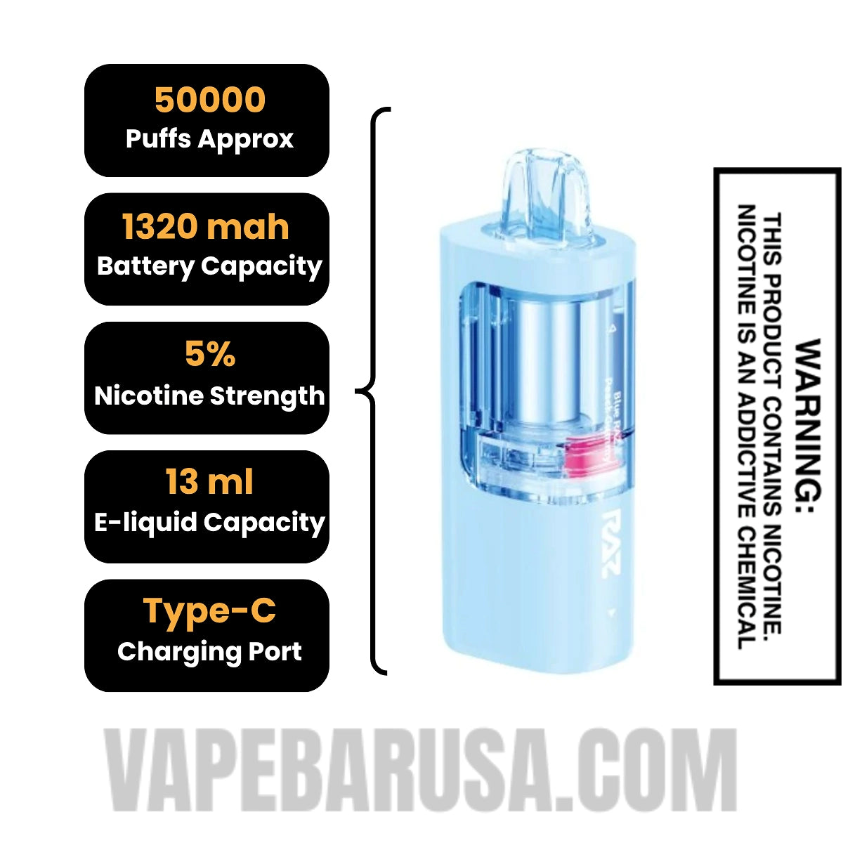 Blue Raz Gum RAZ VUE 50K Disposable Vape Pod Specifications
