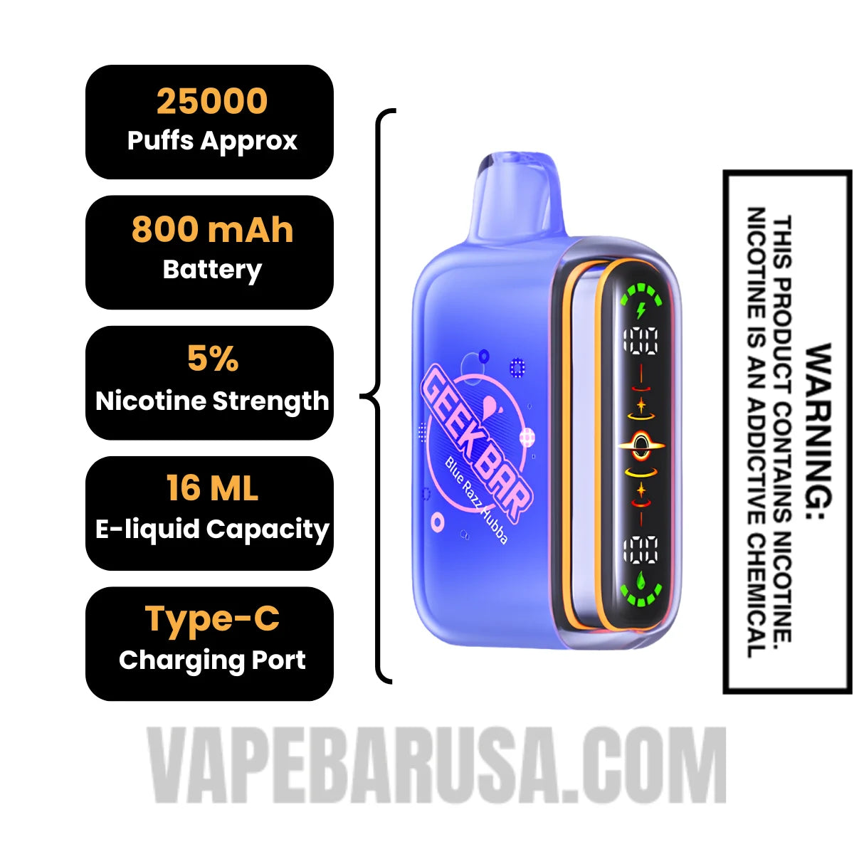 Blue Razz Geek Bar Pulse 2 Hubba Edition Disposable Vape Specifications