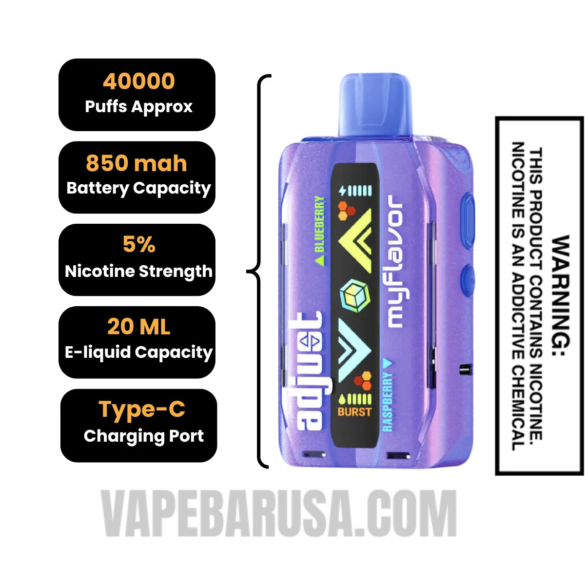 Blue Razz Ice Adjust MyFlavor 40K Disposable Vape Specifications