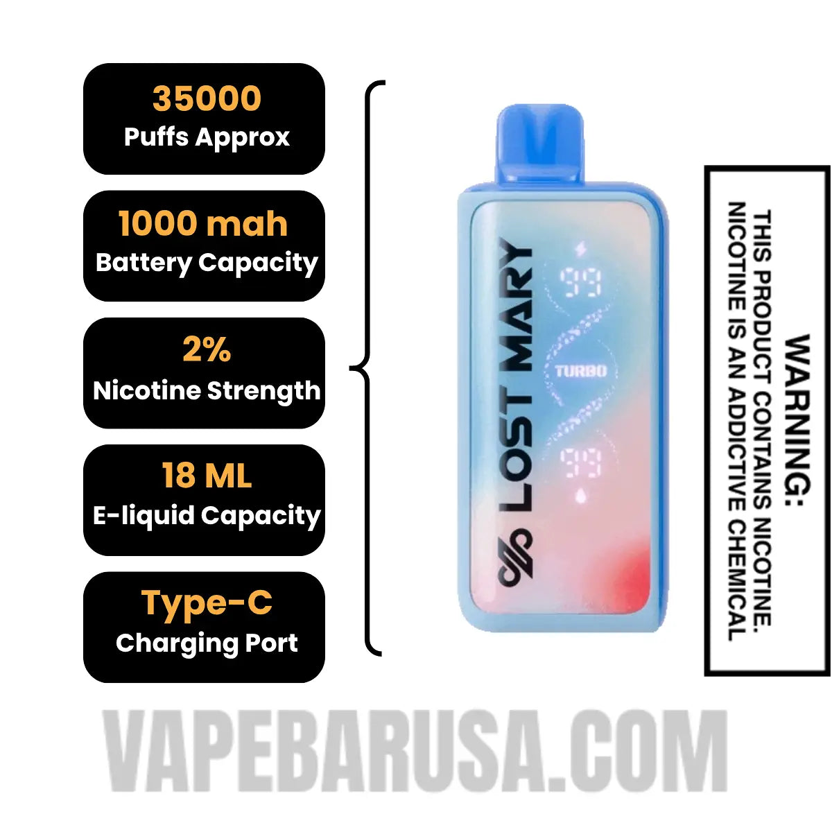 Blue Razz Ice Lost Mary MT35000 Disposable Vape 20 MG Specifications