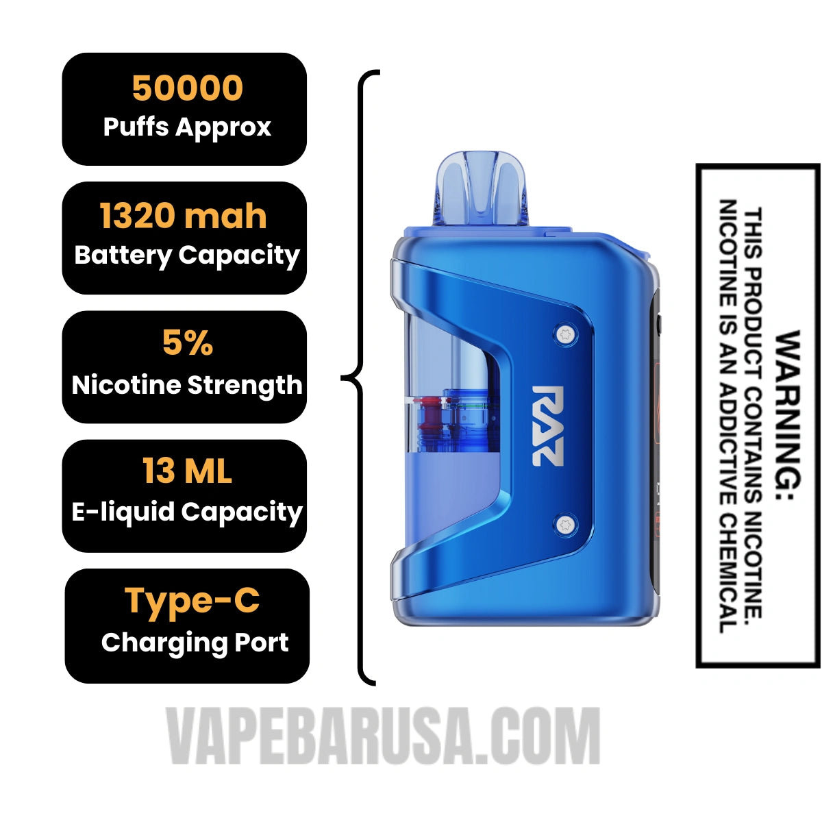 Blue Razz Ice RAZ VUE 50K Disposable Kit Specifications