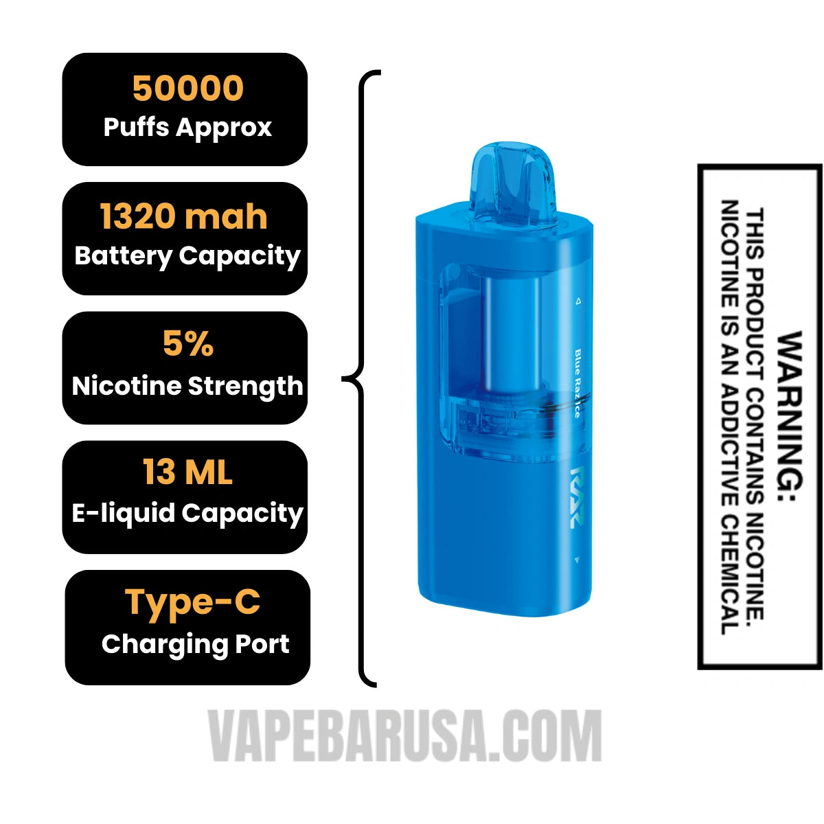 Blue Razz Ice RAZ VUE 50K Disposable Pod Specifications