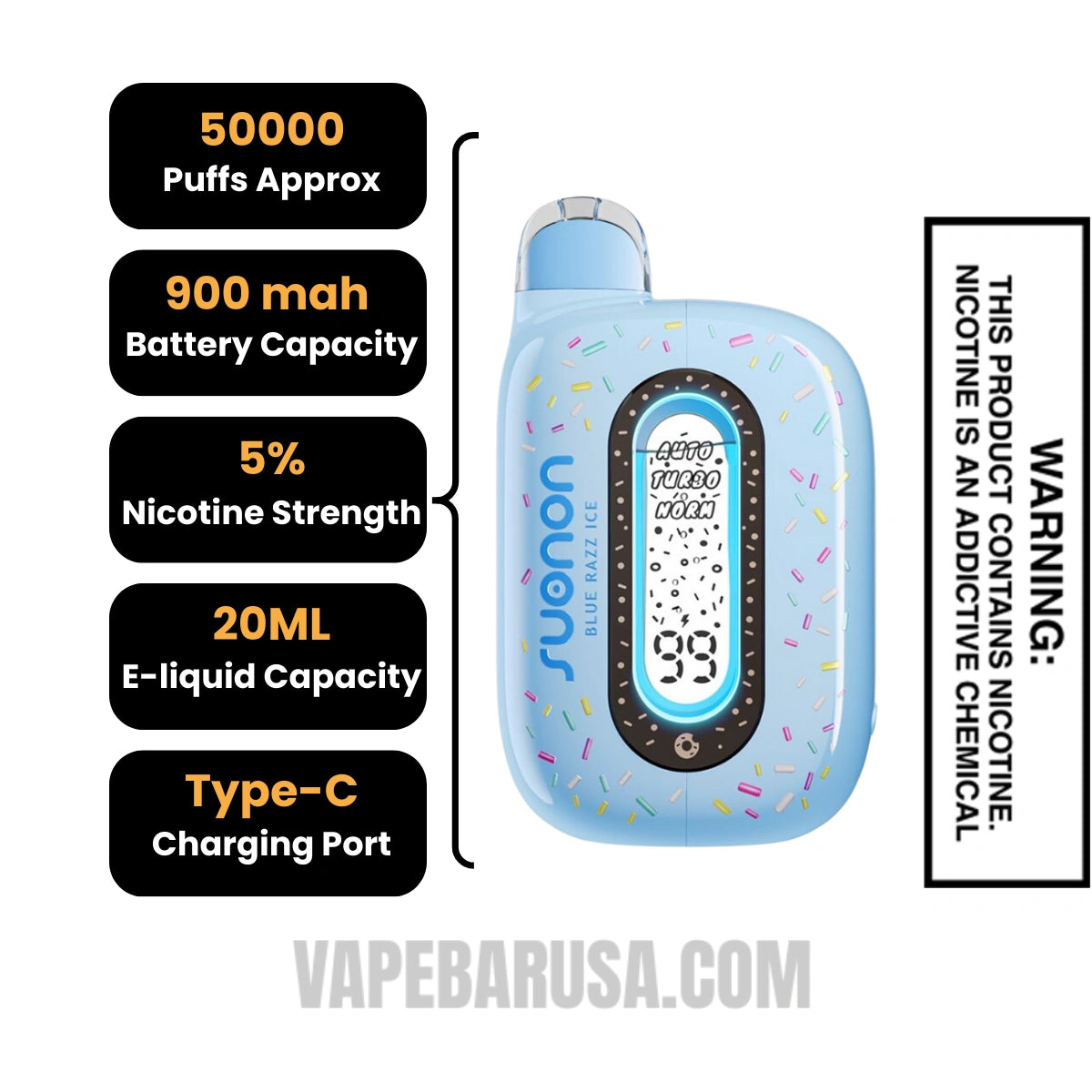 Blue Razz Ice Suonon Donete 50k Disposable Vape Specifications