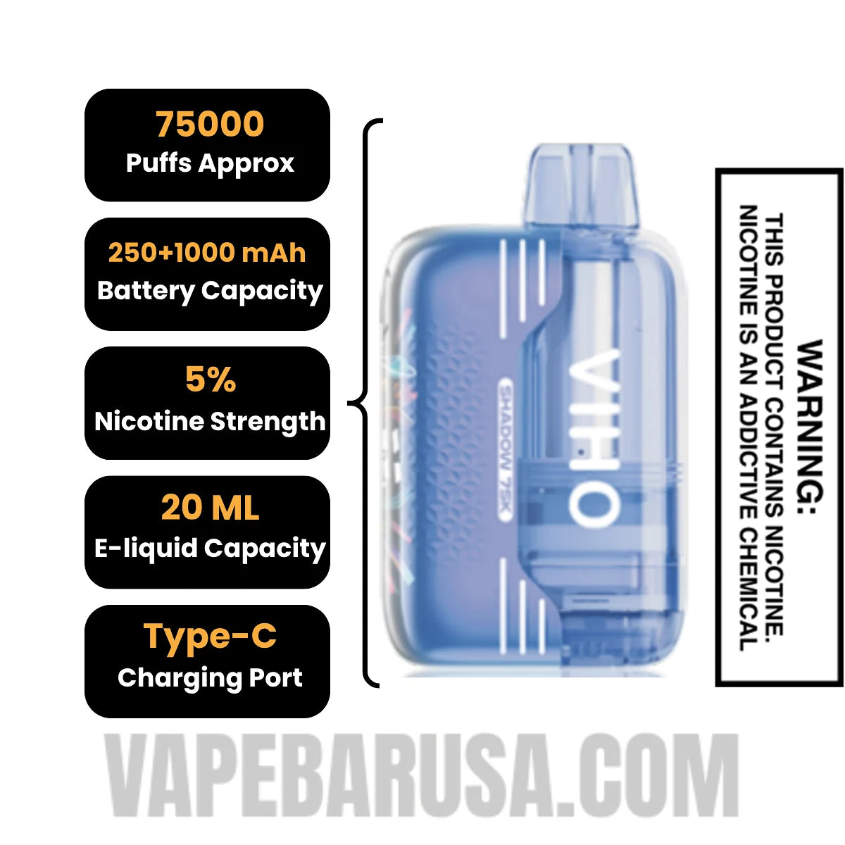 Blue Razz Icy VIHO Shadow 75K Vape Kit  Specifications