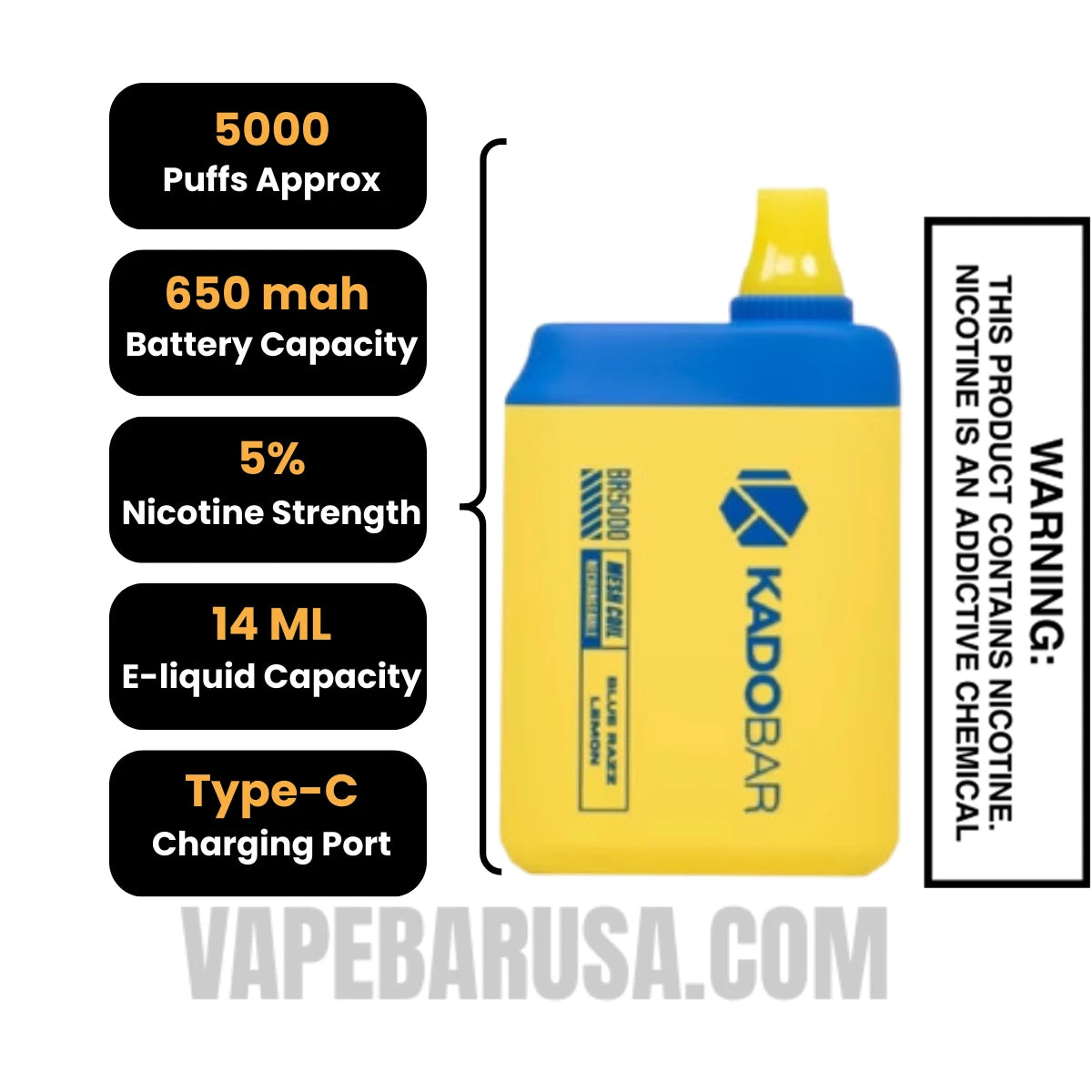 Blue Razz Lemon Kado Bar BR5000 Disposable Vape Specifications