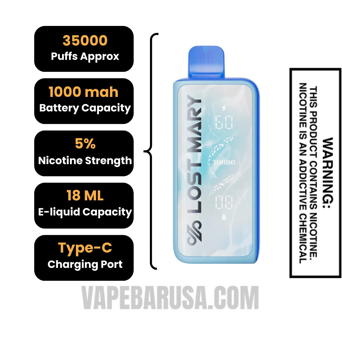Blue Razz Lemonade Lost Mary MT35000 Turbo Disposable Vape Specifications