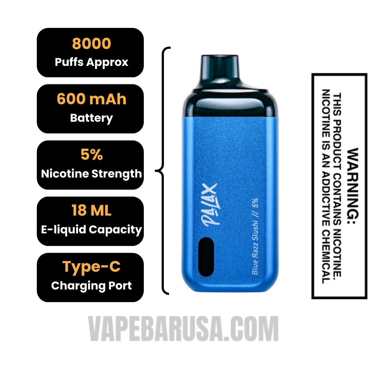 Blue Razz Slushi Palax KC8000 Disposable Vape - Final Sale Specifications