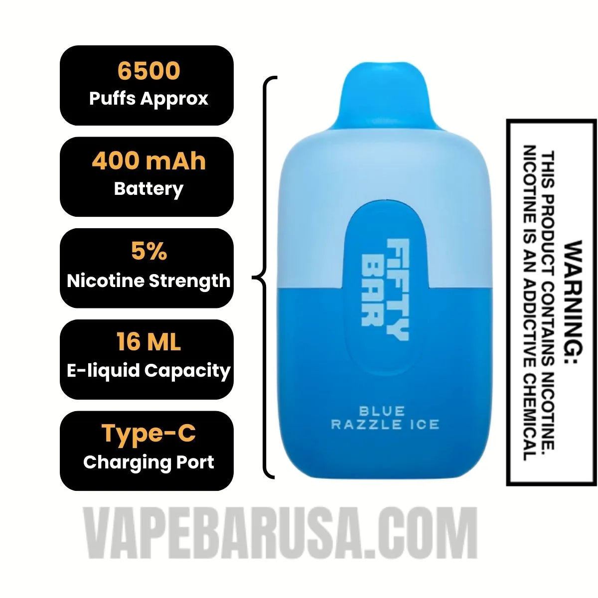 Blue Razzle Ice Fifty Bar Disposable Vape 6500 Puffs Specifications