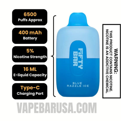 Blue Razzle Ice Fifty Bar Disposable Vape 6500 Puffs Specifications
