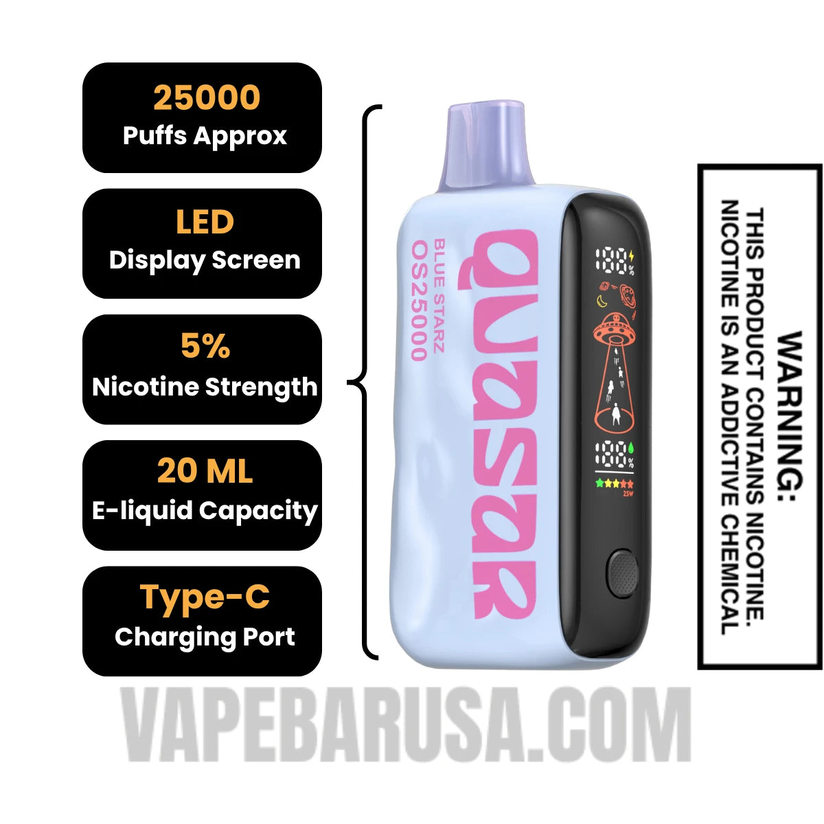 Blue Starz Lost Mary Quasar OS25000 Disposable Vape Specifications