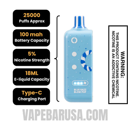 Blue Razz Blow Pop Off Stamp Sweet Cube 25K Disposable Pod Specifications