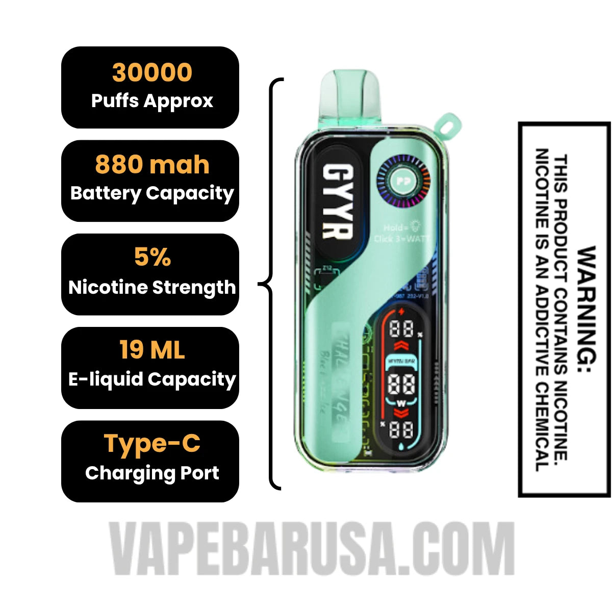 Blue Razz Ice GYYR X Wynn Bar Challenger 30K Vape Specifications