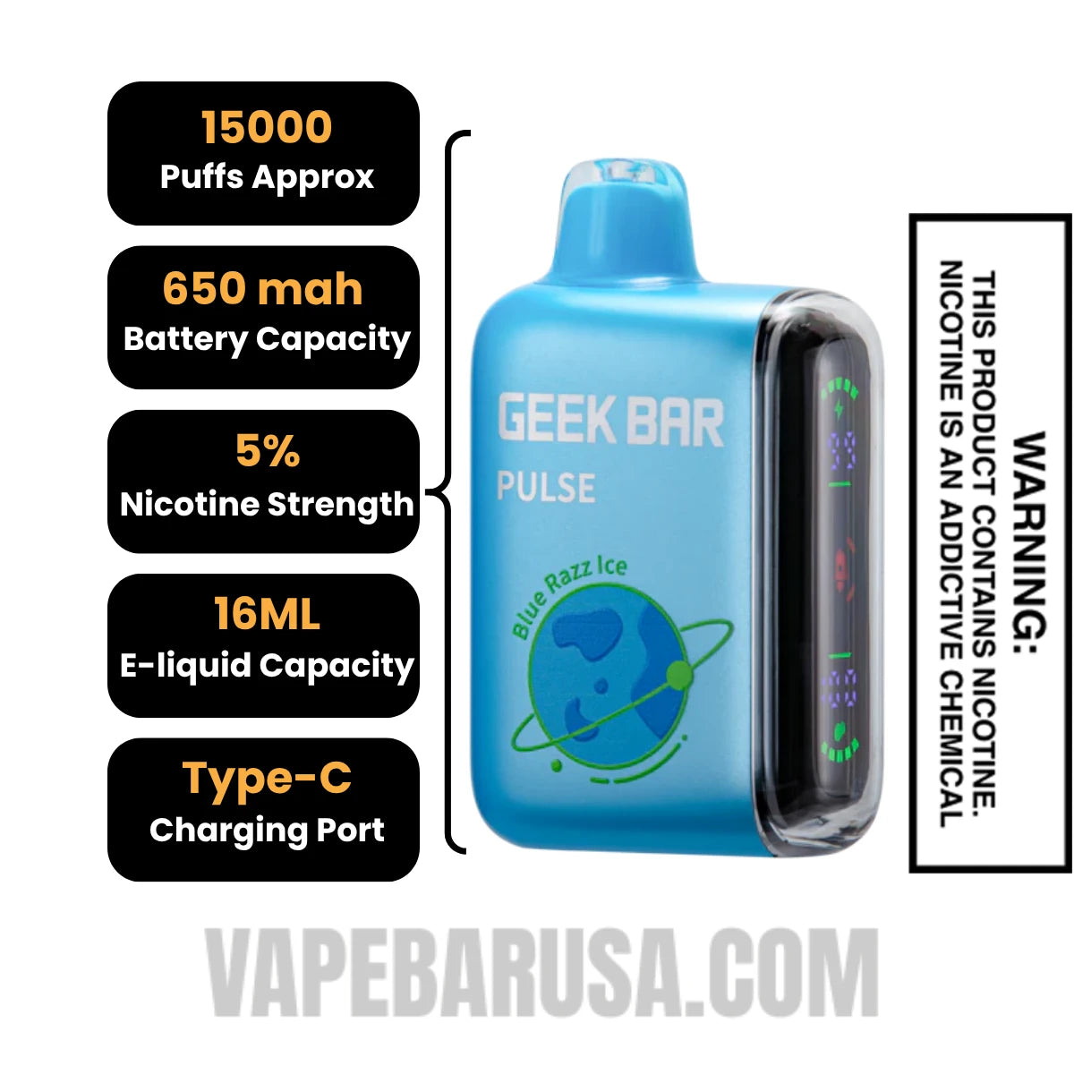 Blue Razz Ice Geek Bar Pulse Disposable Vape Specifications