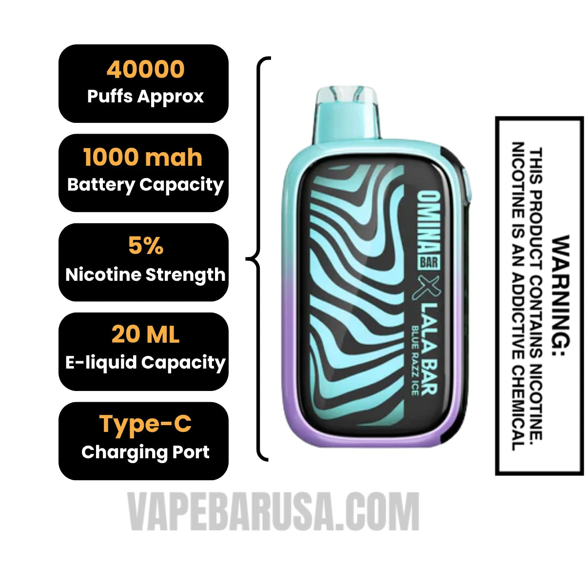 Blue Razz Ice OMINA BAR X LALA BAR 40K Disposable Vape Specifications