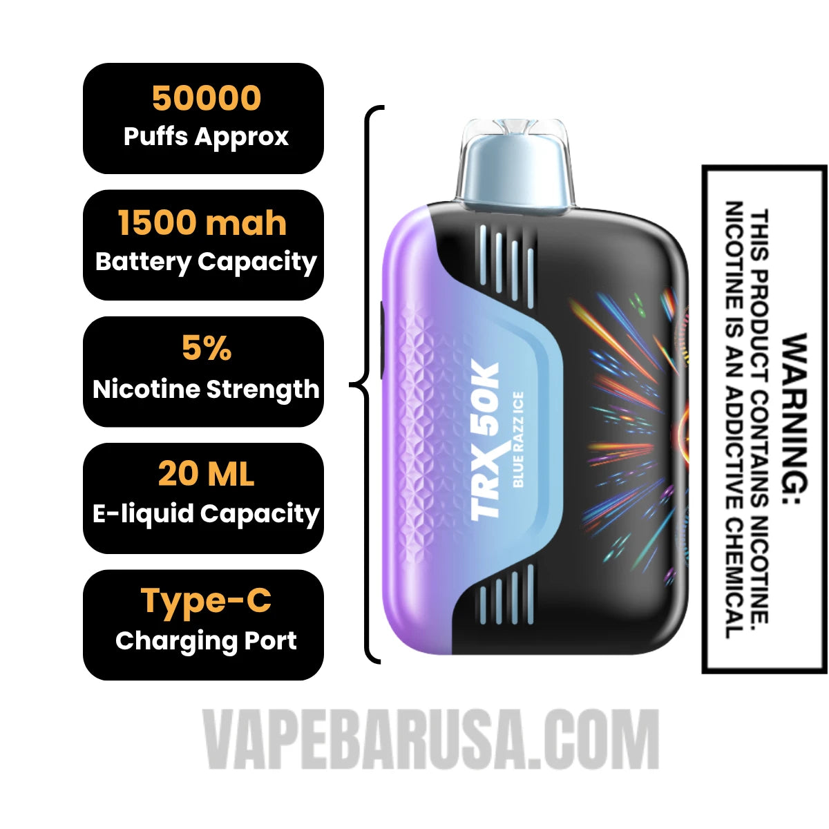 Blue Razz Ice VIHO TRX 50K Disposable Vape Specifcations