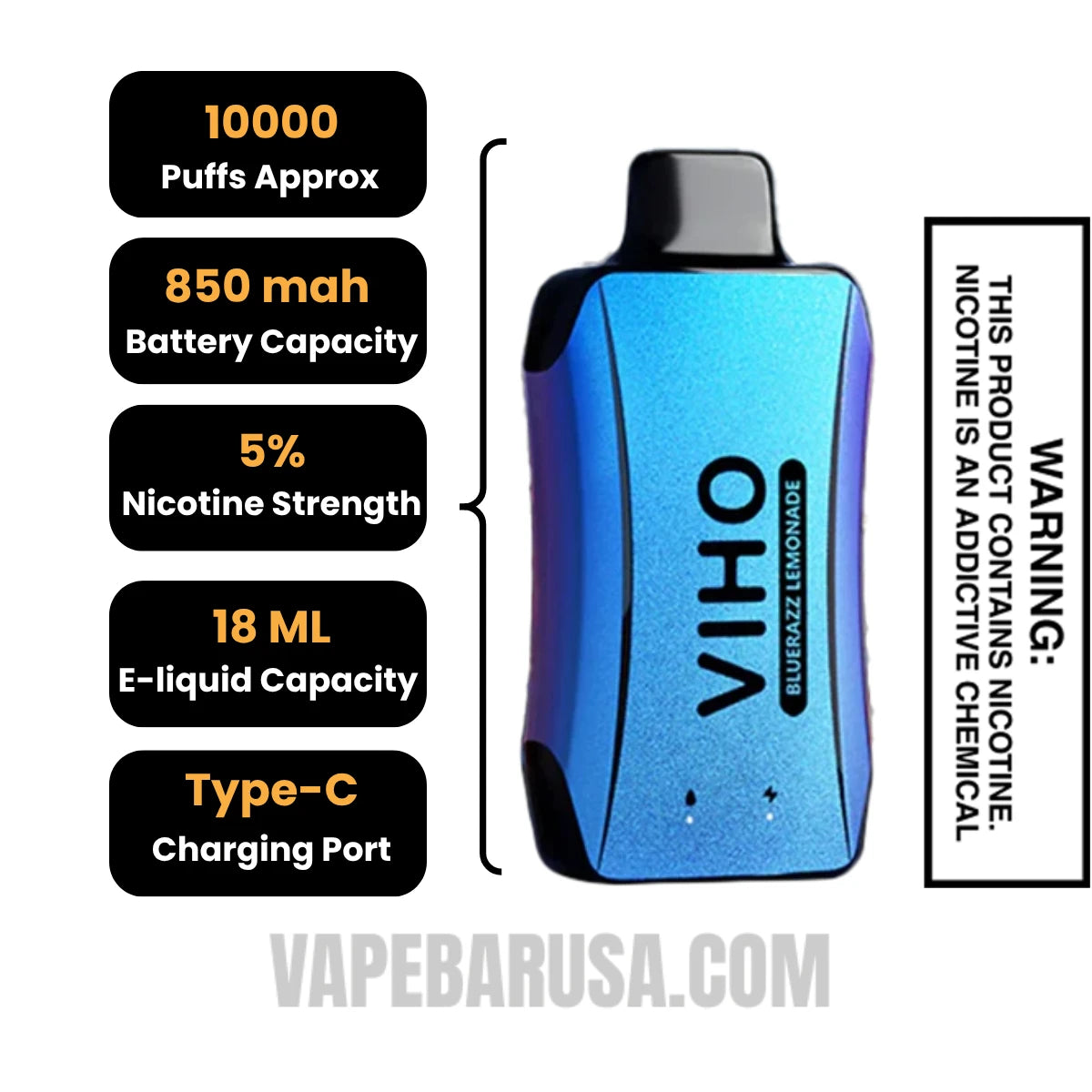 Blue Razz Lemonade VIHO Turbo Vape 10000 Puffs Specifications
